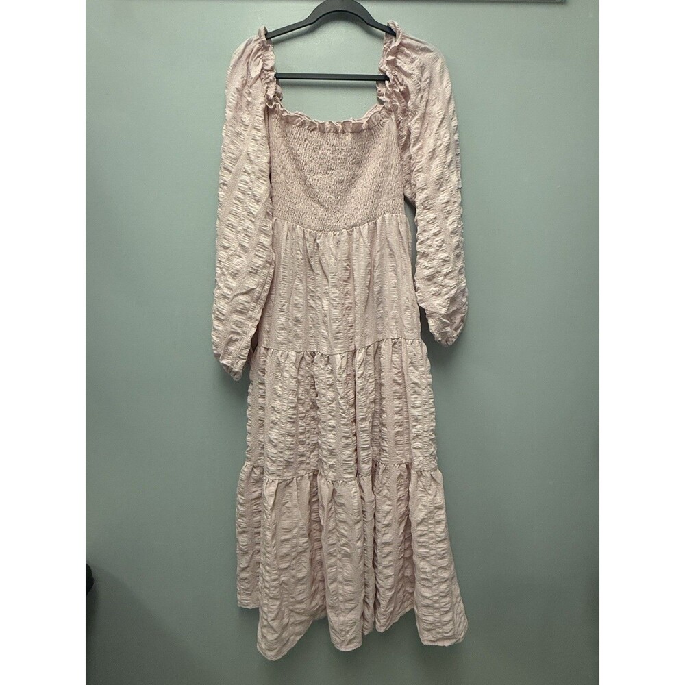 Arula Pink Square Neck Long Sleeve Smocked Tiered Midi cottage-core boho